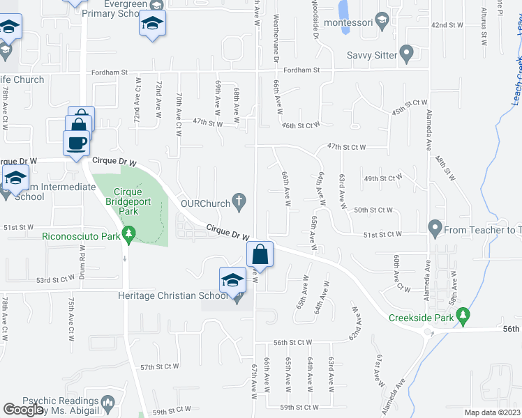 map of restaurants, bars, coffee shops, grocery stores, and more near 5006 66th Avenue Court West in University Place