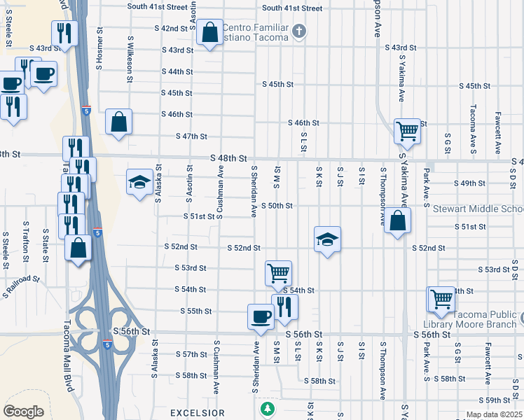 map of restaurants, bars, coffee shops, grocery stores, and more near 5120 South Sheridan Avenue in Tacoma