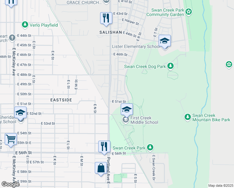 map of restaurants, bars, coffee shops, grocery stores, and more near 5036 East Q Street in Tacoma