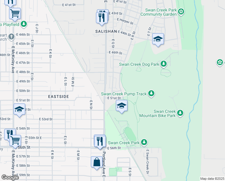 map of restaurants, bars, coffee shops, grocery stores, and more near 5023 East Q Street in Tacoma