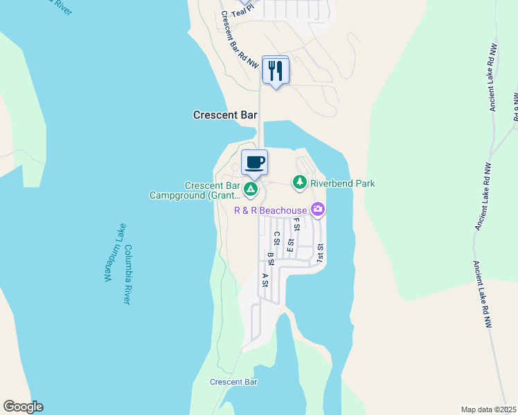 map of restaurants, bars, coffee shops, grocery stores, and more near Crescent Bar Road Northwest in Quincy