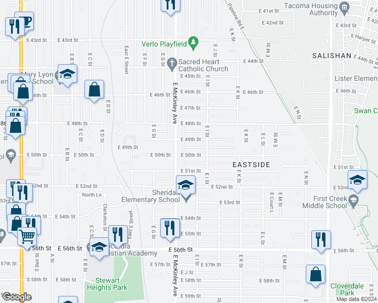 map of restaurants, bars, coffee shops, grocery stores, and more near 821 East 50th Street in Tacoma