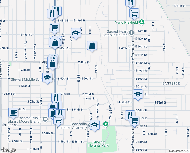map of restaurants, bars, coffee shops, grocery stores, and more near 249 East 50th Street in Tacoma