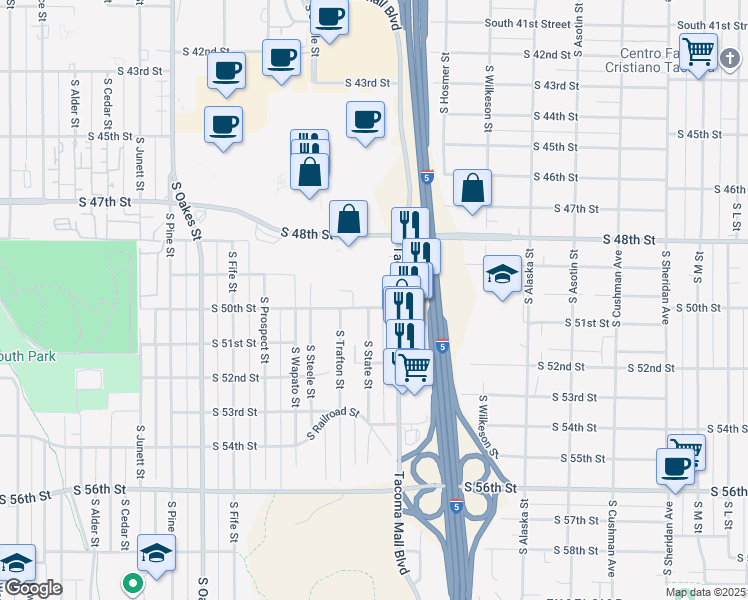 map of restaurants, bars, coffee shops, grocery stores, and more near 4902 Tacoma Mall Boulevard in Tacoma