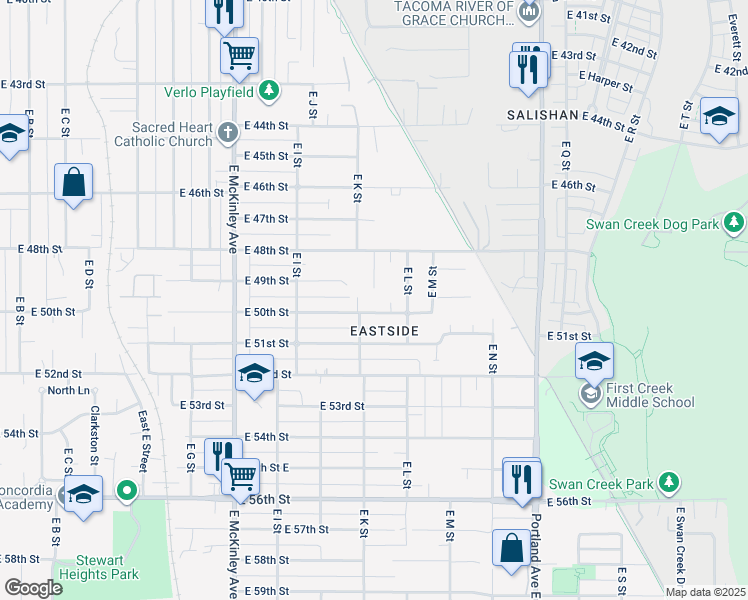 map of restaurants, bars, coffee shops, grocery stores, and more near 4830 East K Street in Tacoma