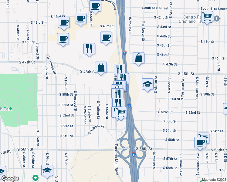 map of restaurants, bars, coffee shops, grocery stores, and more near 4902 Tacoma Mall Boulevard in Tacoma