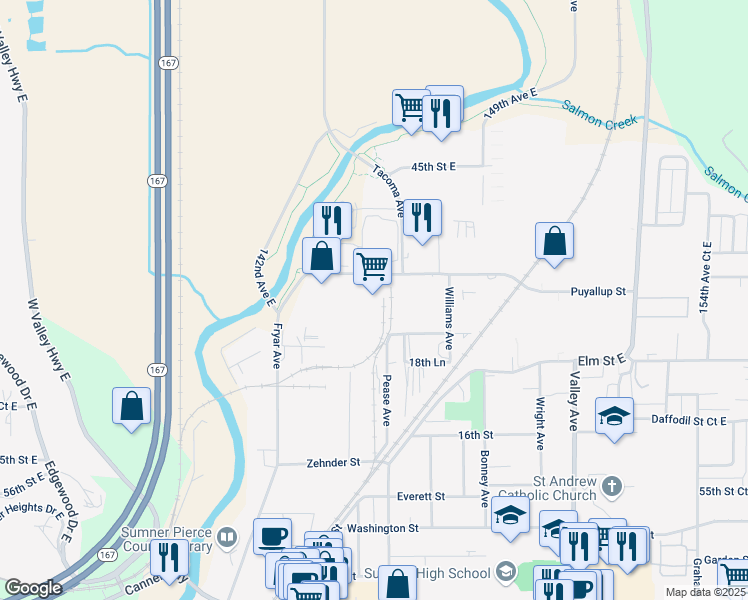 map of restaurants, bars, coffee shops, grocery stores, and more near 1402 Puyallup Street in Sumner