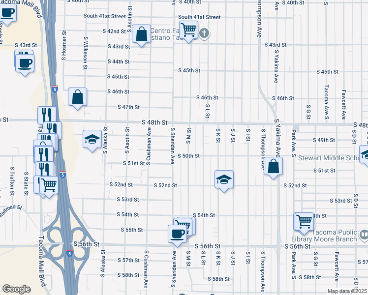map of restaurants, bars, coffee shops, grocery stores, and more near 4831 South M Street in Tacoma
