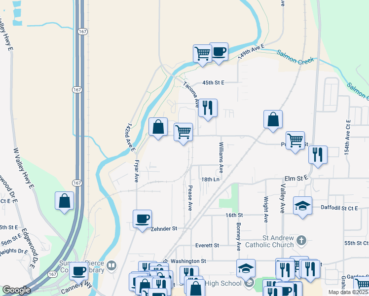 map of restaurants, bars, coffee shops, grocery stores, and more near 1402 Puyallup St in Sumner
