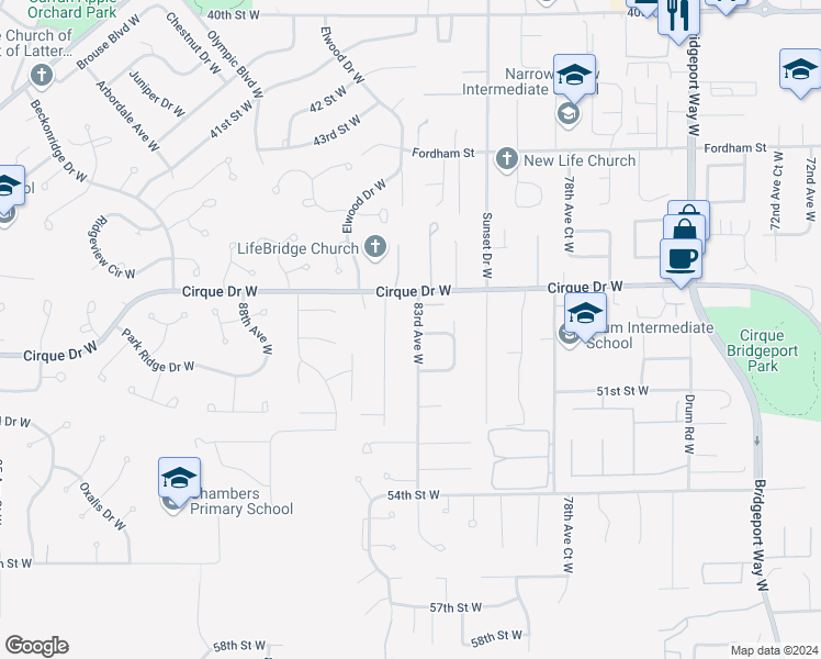 map of restaurants, bars, coffee shops, grocery stores, and more near 4826 83rd Avenue West in University Place