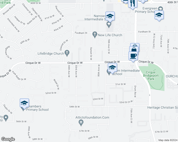 map of restaurants, bars, coffee shops, grocery stores, and more near 4902 Sunset Drive West in Tacoma