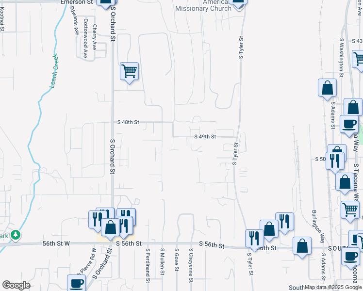 map of restaurants, bars, coffee shops, grocery stores, and more near 4919 S Gove St in Tacoma