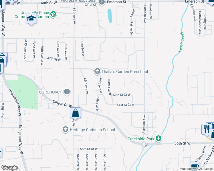 map of restaurants, bars, coffee shops, grocery stores, and more near 4908 63rd Avenue West in Tacoma
