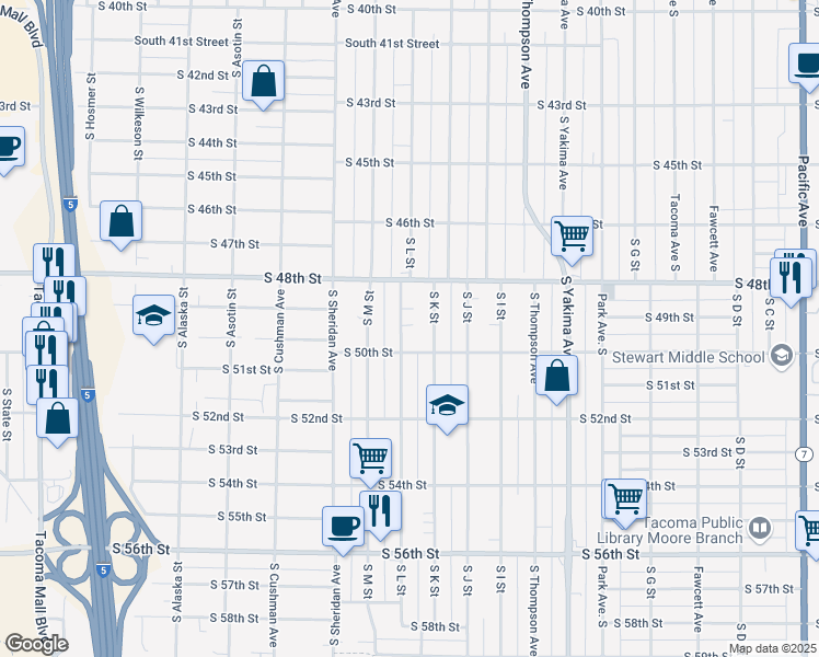 map of restaurants, bars, coffee shops, grocery stores, and more near 4833 South L Street in Tacoma
