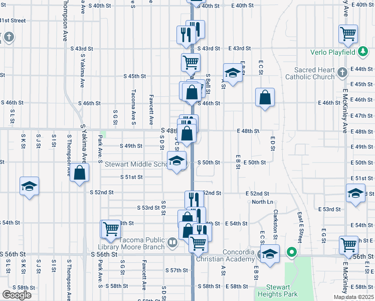map of restaurants, bars, coffee shops, grocery stores, and more near 4832 Pacific Avenue in Tacoma