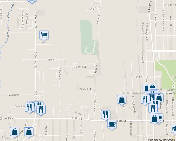 map of restaurants, bars, coffee shops, grocery stores, and more near 4315 South 50th Street in Tacoma