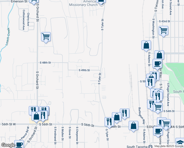 map of restaurants, bars, coffee shops, grocery stores, and more near 4315 South 50th Street in Tacoma