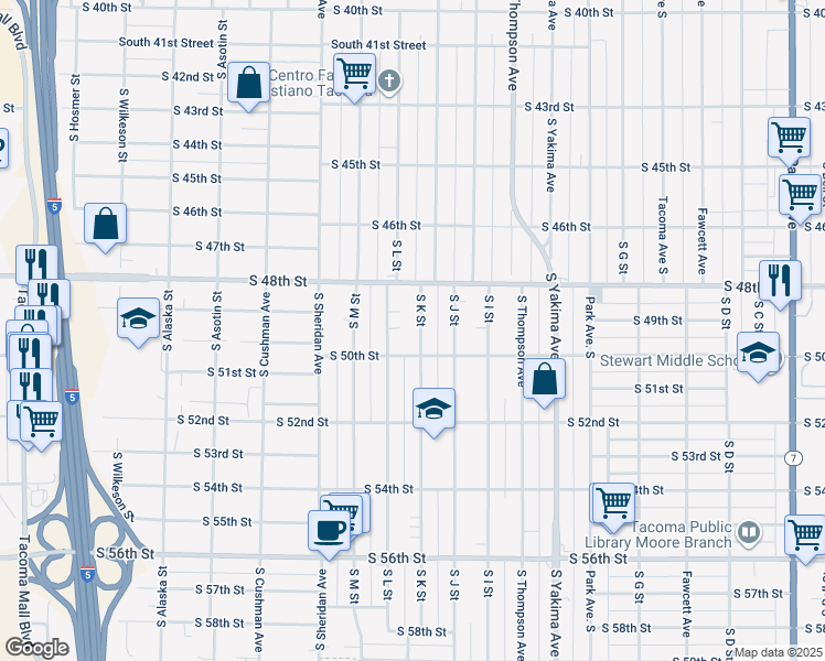 map of restaurants, bars, coffee shops, grocery stores, and more near 4834 South K Street in Tacoma