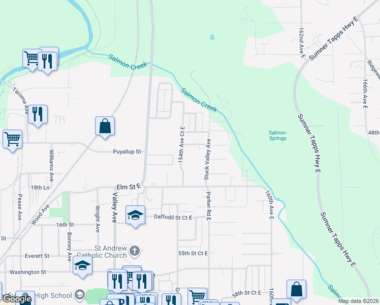 map of restaurants, bars, coffee shops, grocery stores, and more near 15408 48th Street Court East in Sumner