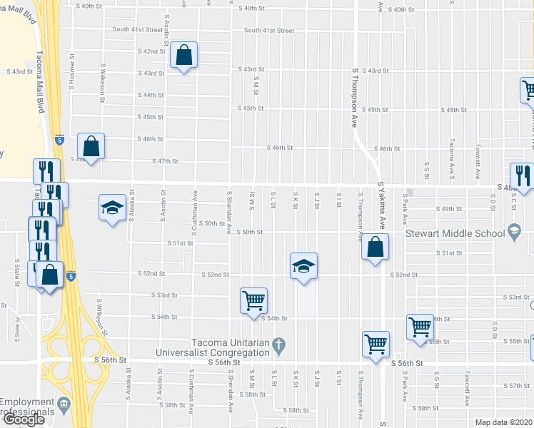 map of restaurants, bars, coffee shops, grocery stores, and more near 4833 South L Street in Tacoma