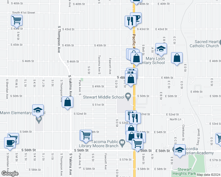 map of restaurants, bars, coffee shops, grocery stores, and more near 414 South 49th Street in Tacoma