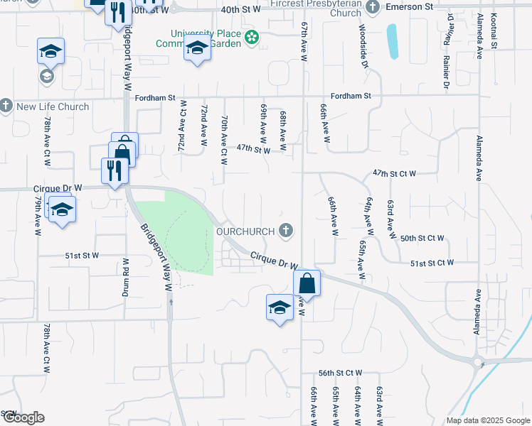 map of restaurants, bars, coffee shops, grocery stores, and more near 4909 69th Avenue Court West in University Place