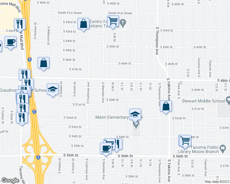 map of restaurants, bars, coffee shops, grocery stores, and more near 4831 South M Street in Tacoma