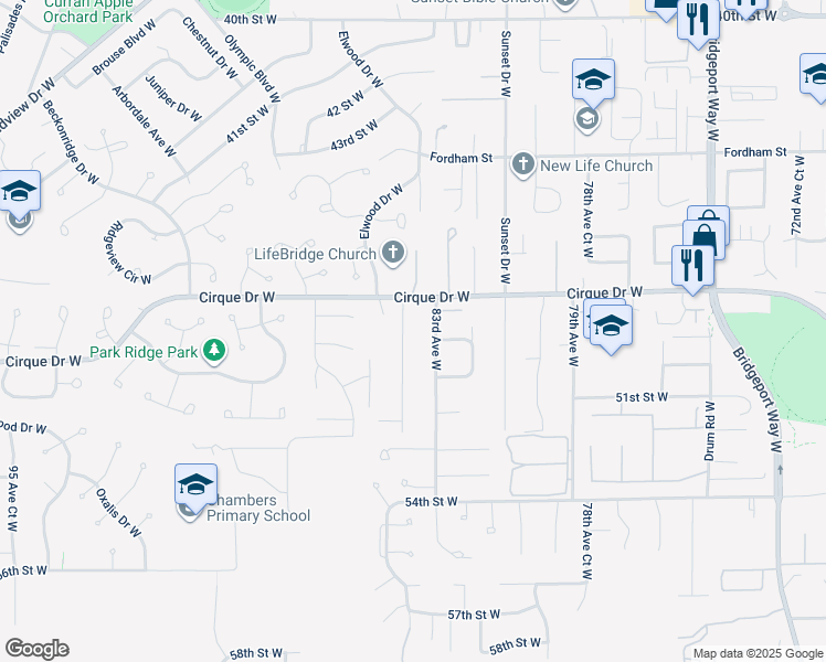 map of restaurants, bars, coffee shops, grocery stores, and more near 4823 84th Avenue West in Tacoma