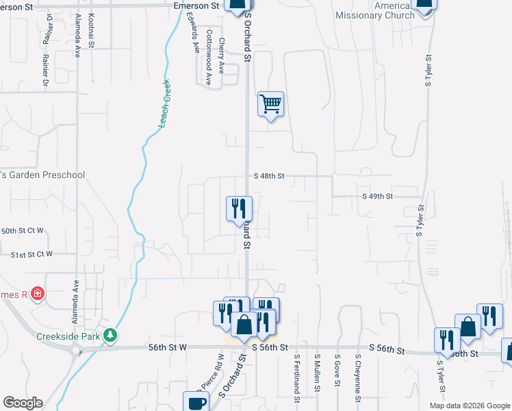 map of restaurants, bars, coffee shops, grocery stores, and more near 4909 South Orchard Street in University Place