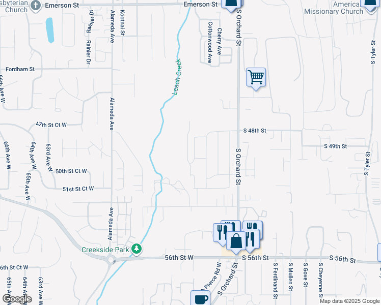 map of restaurants, bars, coffee shops, grocery stores, and more near 4908 54th Avenue West in University Place