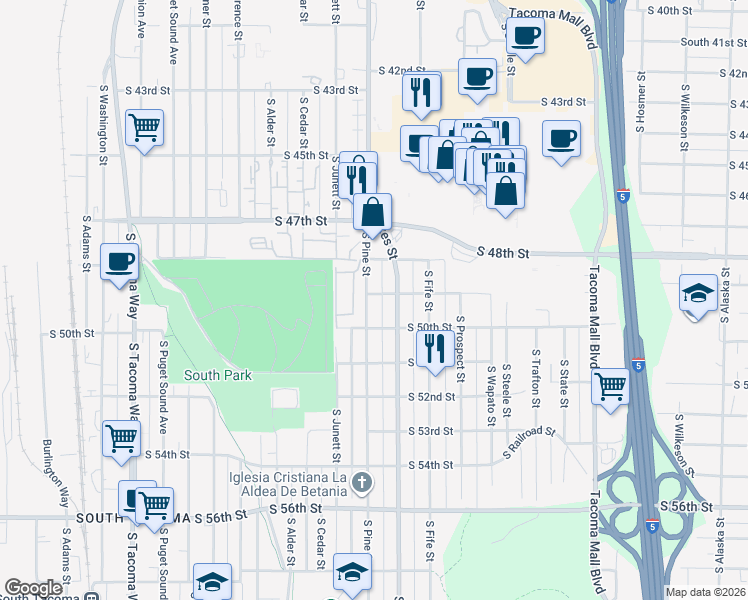 map of restaurants, bars, coffee shops, grocery stores, and more near 4901 South Pine Street in Tacoma
