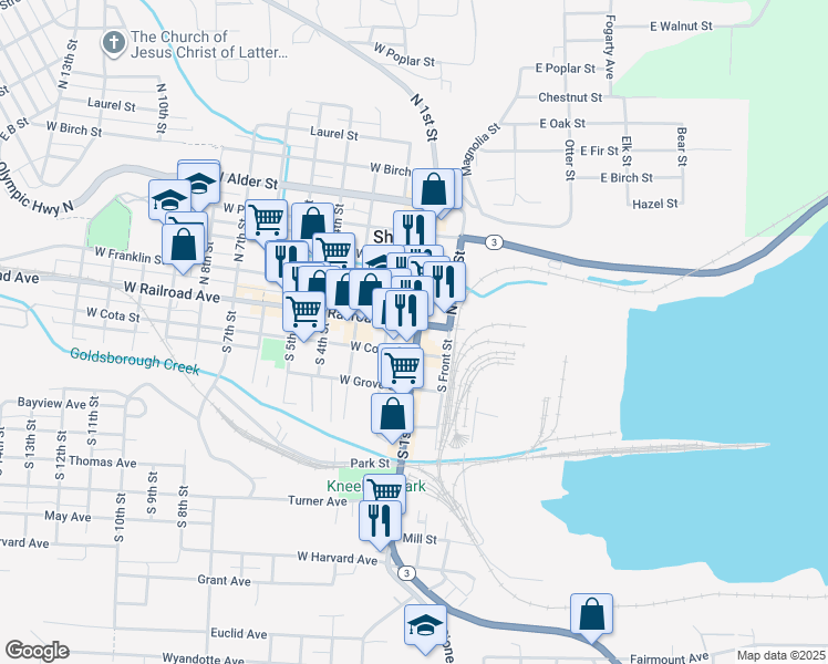 map of restaurants, bars, coffee shops, grocery stores, and more near 101 South 1st Street in Shelton
