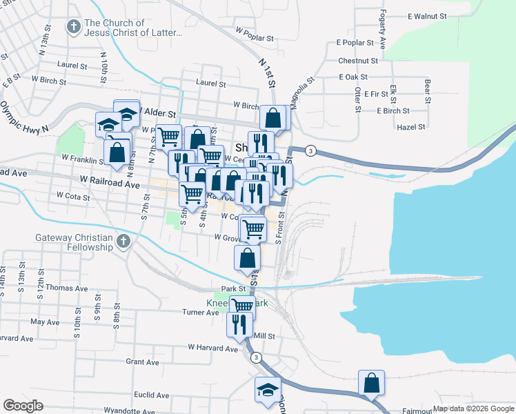 map of restaurants, bars, coffee shops, grocery stores, and more near 101 South 1st Street in Shelton