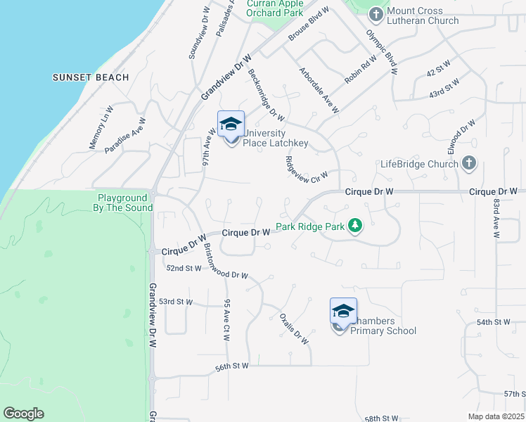map of restaurants, bars, coffee shops, grocery stores, and more near 4815 95th Avenue West in Tacoma