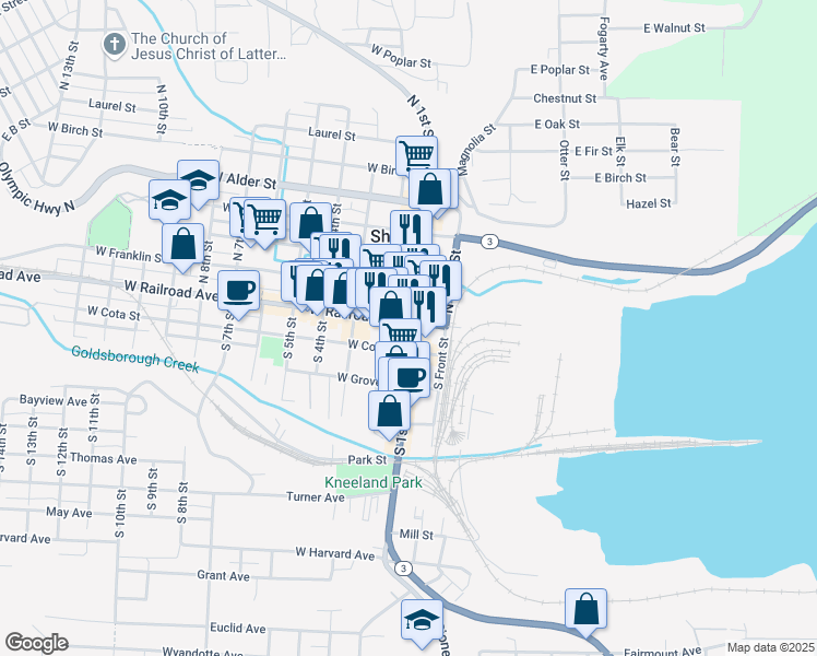 map of restaurants, bars, coffee shops, grocery stores, and more near 101 South 1st Street in Shelton