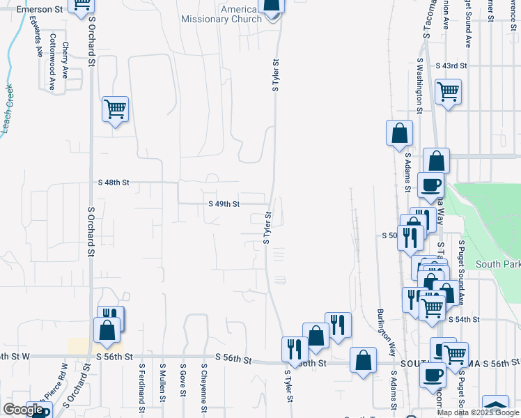 map of restaurants, bars, coffee shops, grocery stores, and more near 4302 South 49th Street in Tacoma