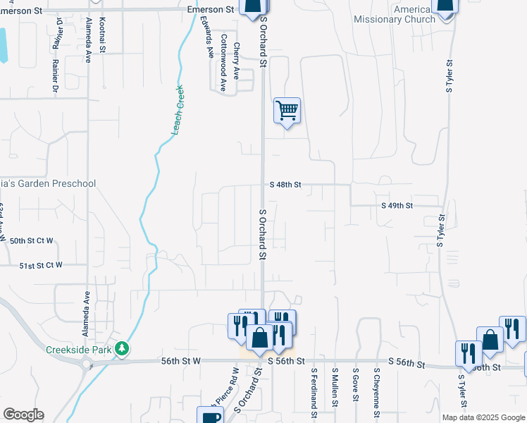 map of restaurants, bars, coffee shops, grocery stores, and more near 4909 South Orchard Street in University Place