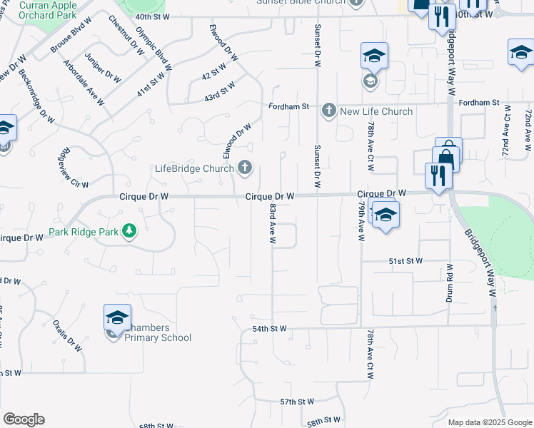 map of restaurants, bars, coffee shops, grocery stores, and more near 4823 84th Avenue West in Tacoma