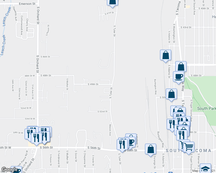 map of restaurants, bars, coffee shops, grocery stores, and more near 4302 South 49th Street in Tacoma