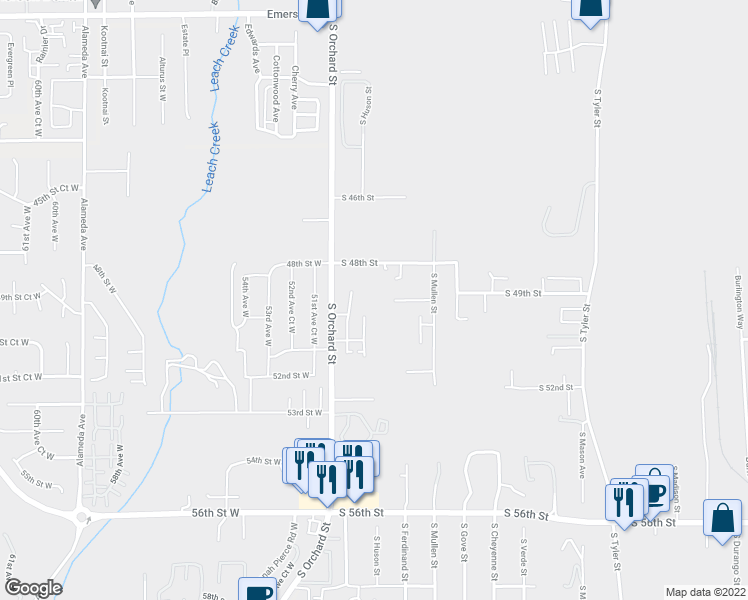 map of restaurants, bars, coffee shops, grocery stores, and more near 4841 South 49th Street in Tacoma
