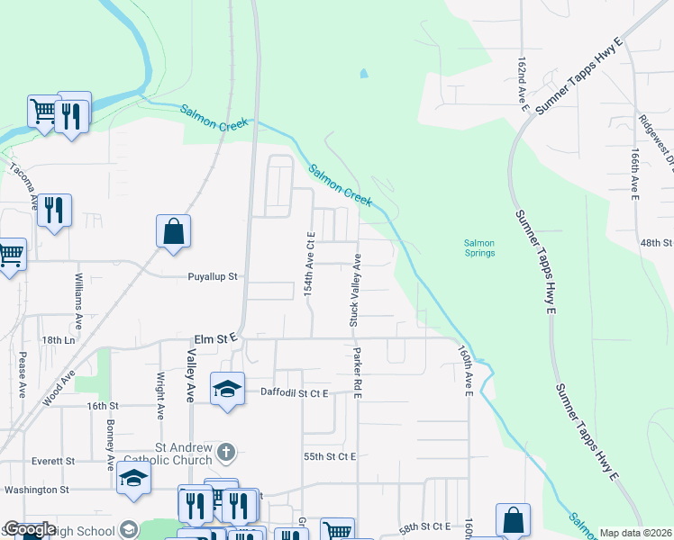 map of restaurants, bars, coffee shops, grocery stores, and more near 15408 48th Street Court East in Sumner