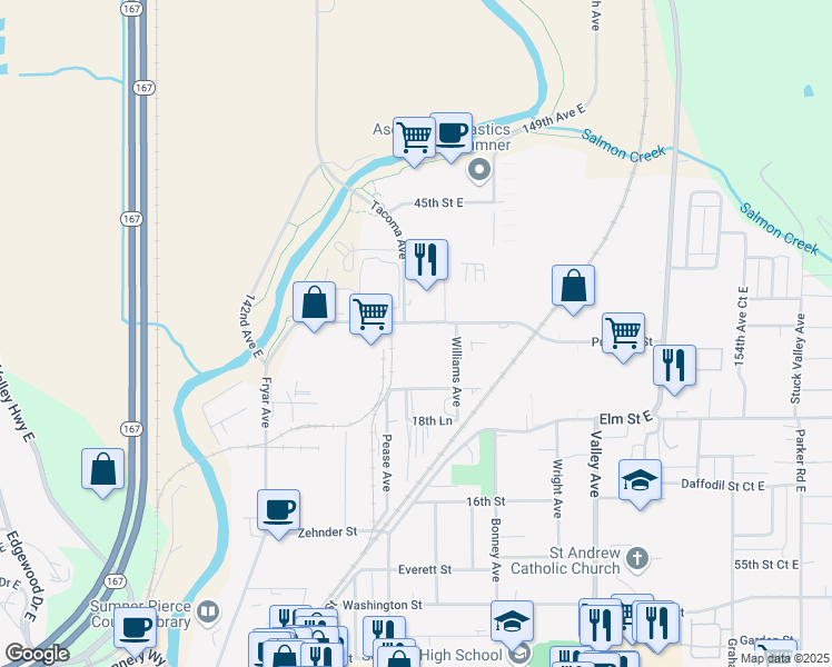 map of restaurants, bars, coffee shops, grocery stores, and more near 1510 Puyallup Street in Sumner