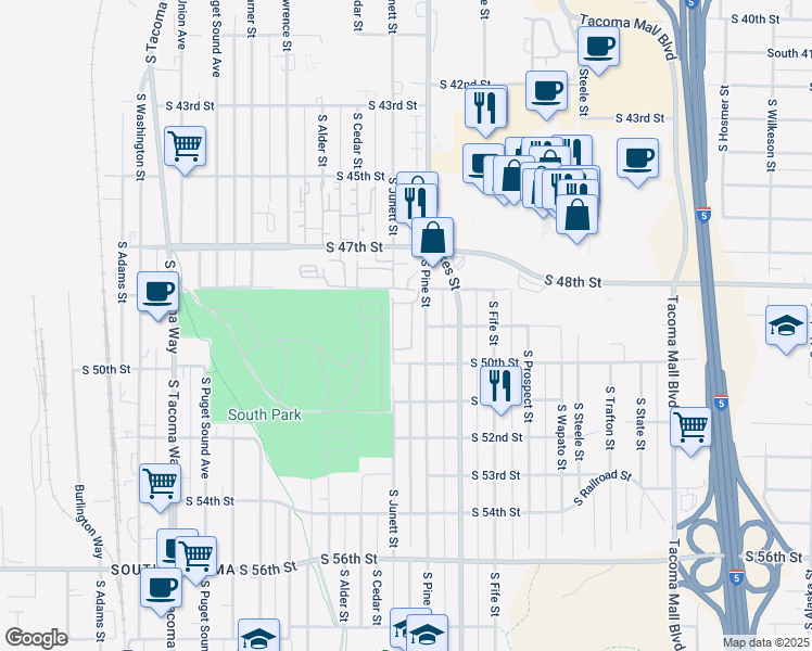 map of restaurants, bars, coffee shops, grocery stores, and more near 4802 South Pine Street in Tacoma