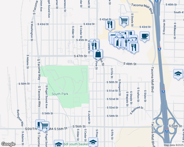 map of restaurants, bars, coffee shops, grocery stores, and more near 4802 South Pine Street in Tacoma