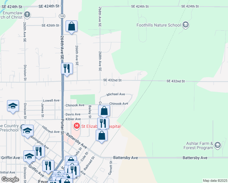 map of restaurants, bars, coffee shops, grocery stores, and more near 390 Michael Avenue in Enumclaw