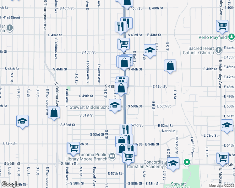 map of restaurants, bars, coffee shops, grocery stores, and more near 4832 Pacific Avenue in Tacoma
