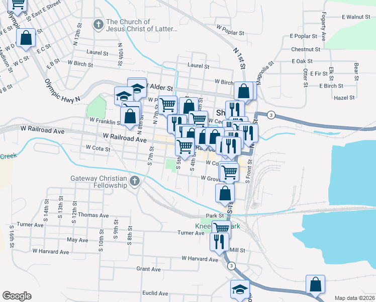 map of restaurants, bars, coffee shops, grocery stores, and more near in Shelton