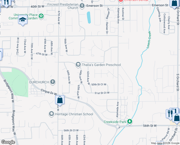 map of restaurants, bars, coffee shops, grocery stores, and more near 4908 63rd Avenue West in Tacoma