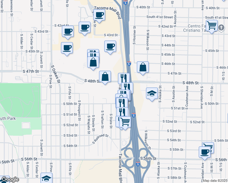 map of restaurants, bars, coffee shops, grocery stores, and more near 4902 Tacoma Mall Boulevard in Tacoma