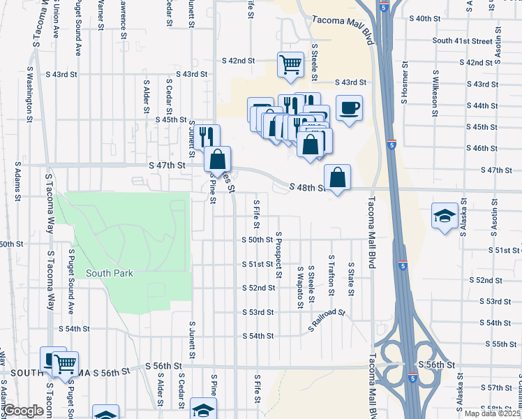 map of restaurants, bars, coffee shops, grocery stores, and more near 4819 South Fife Street in Tacoma